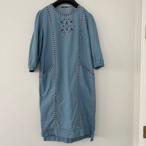 DNM Splash Embroidered Denim Midi Dress Medium Chambray Boho Shift Pockets